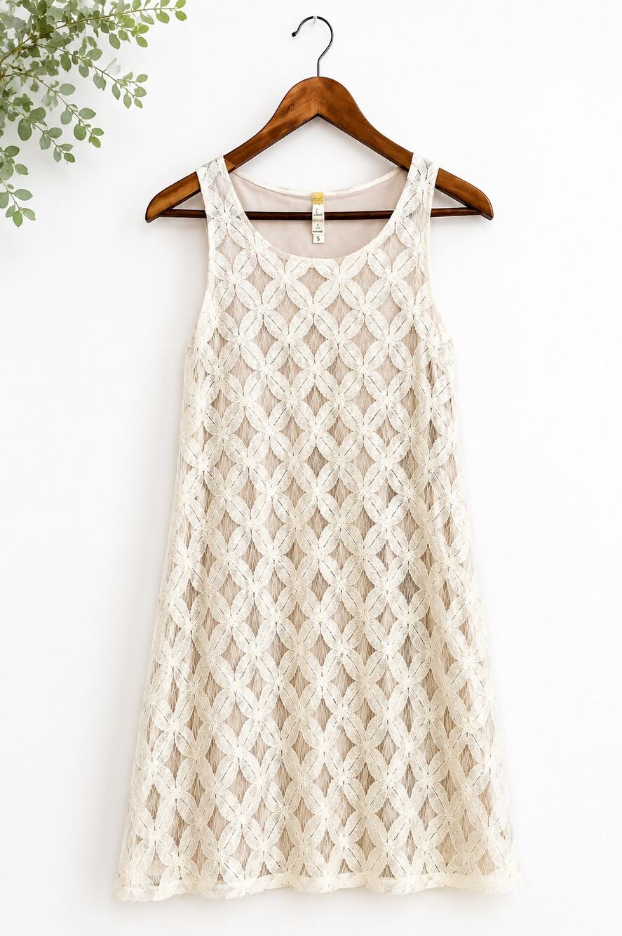 Women's Ivory Lace Sleeveless Shift Dress Size S Boho Floral Overlay Lined
